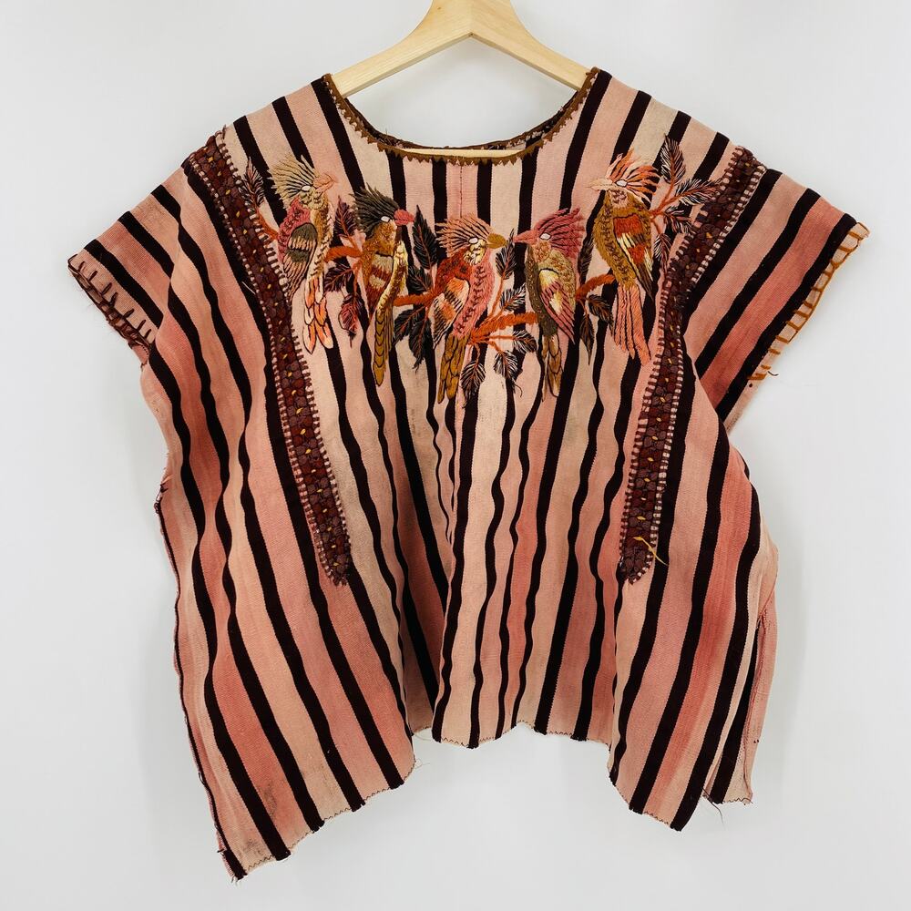 Vintage pink striped embroidered parrot Guatamalen huipil